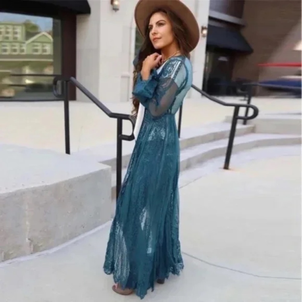 SOLD OUT Teal Eyelash Lace Bohemian Long Kimono Duster Wrap Coverup - Picture 3 of 5